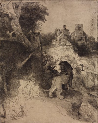 San Jerónimo en un paisaje italiano de Rembrandt van Rijn